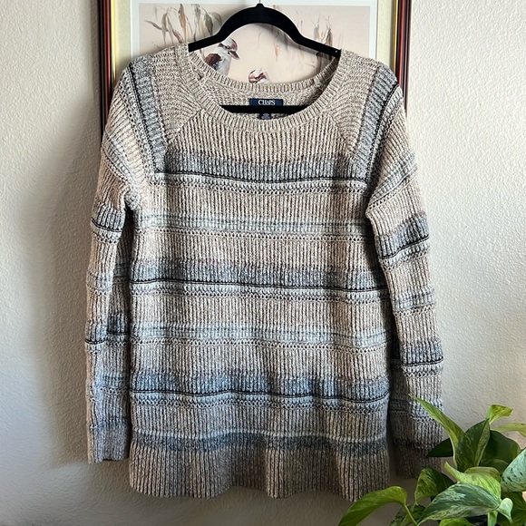 Chaps • Neutral Crochet Knit Tan & Gray Cozy Long Sweater - Picture 1 of 8